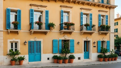 Charming Mediterranean Building with Blue Shutters and Balconies