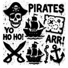 Graffiti Spray Paint Pirate Icons – Transparent PNG with Blood Splatter Effect