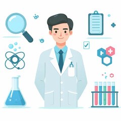 Illustrated scientist w magnifying glass clipboard flask test tubes  molecules in a light clean style