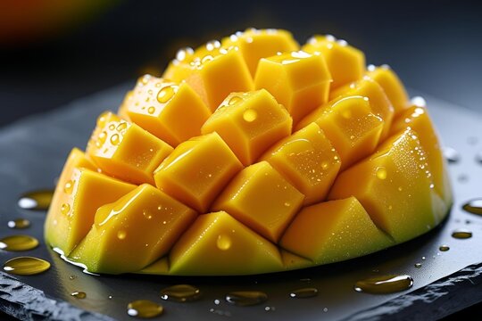 Cubed mango slice with droplets on black surface
