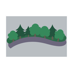 Vector illustration of a summer mountain landscape with trees, green grass, and a blue sky with clouds