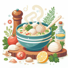 Illustrated seashell soup with tomato lemon oil pepper and herbs on a wooden board