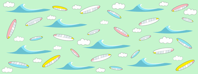 Surfboard pattern, Surfing sport wallpaper, Paddle boards, beach, water, clouds. Conceptual sports illustration. Water sports business, travel, vacation, hobby concepts