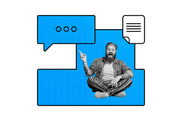 Composite sketch image design trend artwork collage of comic cloud bubble text comment young man sit down finger point showing mesage file