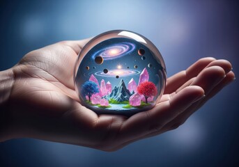Cosmic World in a Hand. A human palm gently holds a luminous glass sphere, showcasing a miniature galaxy, vibrant planets, glowing gems, and magical trees. It symbolizes creation and immense.