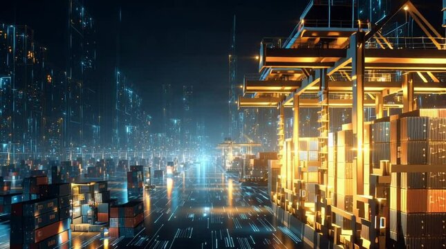 High-tech shipping port with glowing cranes and digital interface, symbolizing futuristic logistics, automation, and global trade networks