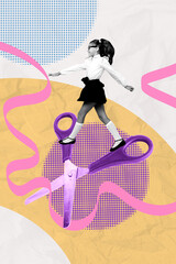 Poster image art sketch vertical collage of happy nerd schoolgirl run ribbon scissors cut craft...