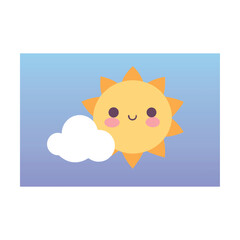 Funny cartoon kitten with sun and clouds vector illustration