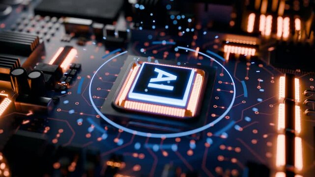 Close-up 3D rendering of an AI processor chip on a motherboard, symbolizing artificial intelligence, NPU computing, and future technology.