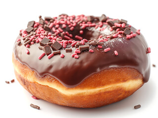 Chocolate-filled donut with pink sprinkles and icing on white background, dessert pastry