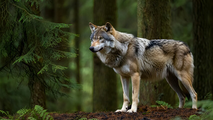 Obraz premium Majestic Gray Wolf in a Lush Forest Setting A Stunning Wildlife Photograph