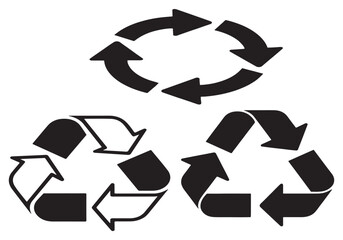 three black recycling & circular arrow icons for sustainability, eco conservation and environmental design vector modern