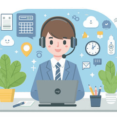Illustration of a call center worker at a desk with icons floating above