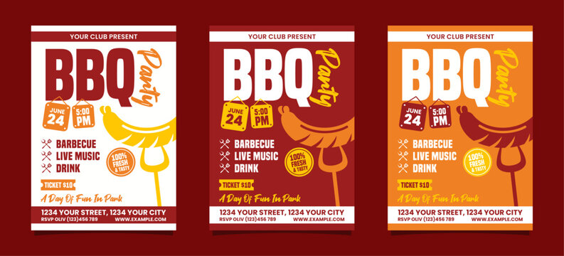 Set of BBQ Party Portrait flyer, bbq invitation poster vector template design
