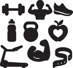 Fitness and health icon set. Workout and wellness silhouette