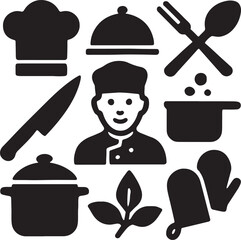 Cooking and kitchen utensil icon set. Containing chef hat, frying pan, pot, spatula, whisk, knife, cutting board, food cloche, and oven mitt symbols. Culinary tool silhouettes. Solid icon collection.