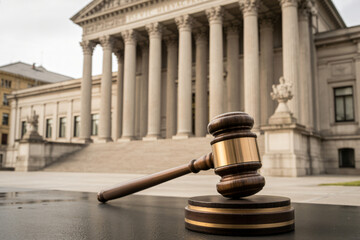 courtroom gavel and against majestic judicial building, legal system representation