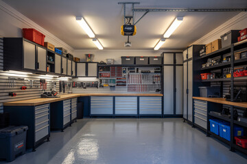  tidy garage workspace with mounted tool panels and stackable storage bins
