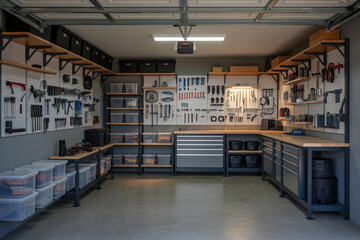 pristine organized garage featuring modular storage system, categorized toolboxes, sealed floor coating, industrial shelving