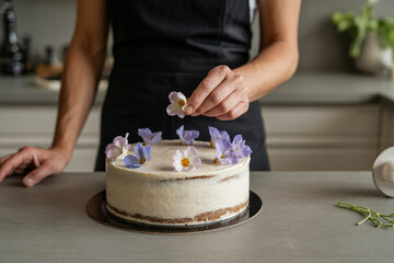skilled baker positioning edible flowers on raw dessert, natural cake embellishment