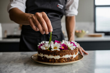 delicate hands pressing colorful edible flowers onto raw vegan cake surface, natural ingredients