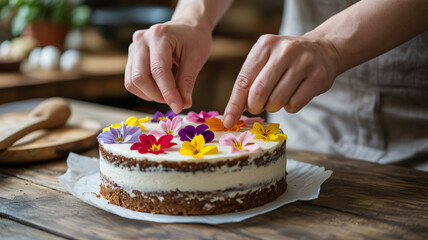 delicate hands pressing colorful edible flowers onto raw vegan cake surface, natural ingredients