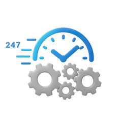 24/7 Support: Clock, Gears, and Speed Icon for Business Websites and Applications