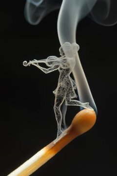 Artistic Smoke Sculpture of Ballet Violinist Emerging from Burning Matchstick