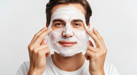 Man removing a sheet mask from his face, a skincare ritual of self-care and beauty.