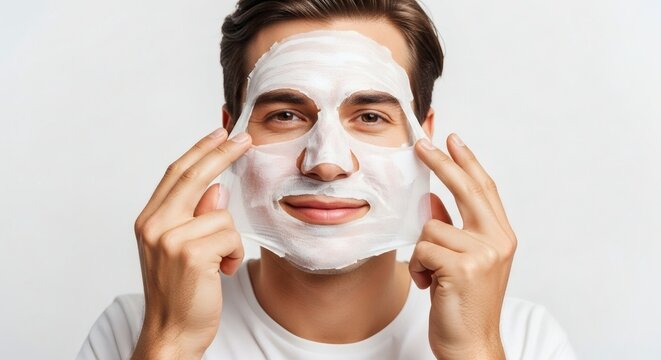Man removing a sheet mask from his face, a skincare ritual of self-care and beauty.