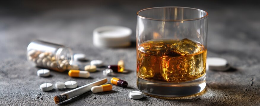 The whiskey glass filled with ice amidst scattered pills and medications.