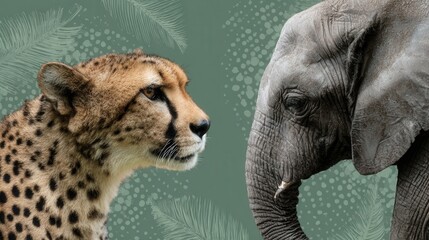 Cheetah and Elephant Portraits on Green Background with Patterns