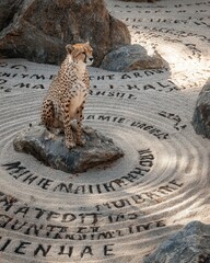 Cheetah Sitting on Rock Surrounded by Intricate Sand Patterns