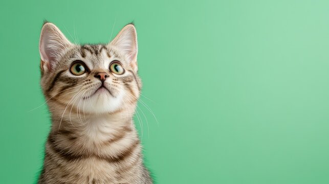 Close-up of a kitten looking upwards against a solid lime green background.  A cute, small kitten