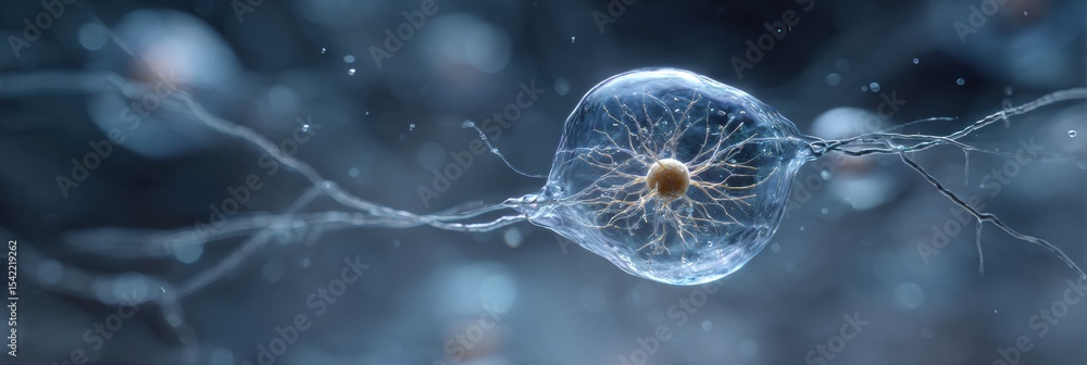 Poster floating nerve cell captured within a delicate soap bubble illustrating the concept of fragility and