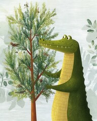 Playful Alligator with Tree in a Colorful Illustrated Scene