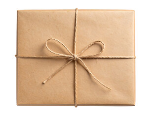 Plain Kraft Paper Gift Box with Twine Bow, Eco-Friendly Look, Top View, Transparent Background