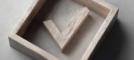 The wooden checkmark in a stylish minimalist box arrangement.