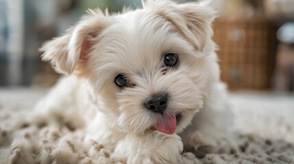 Fluffy white puppy playfully biting its own tail