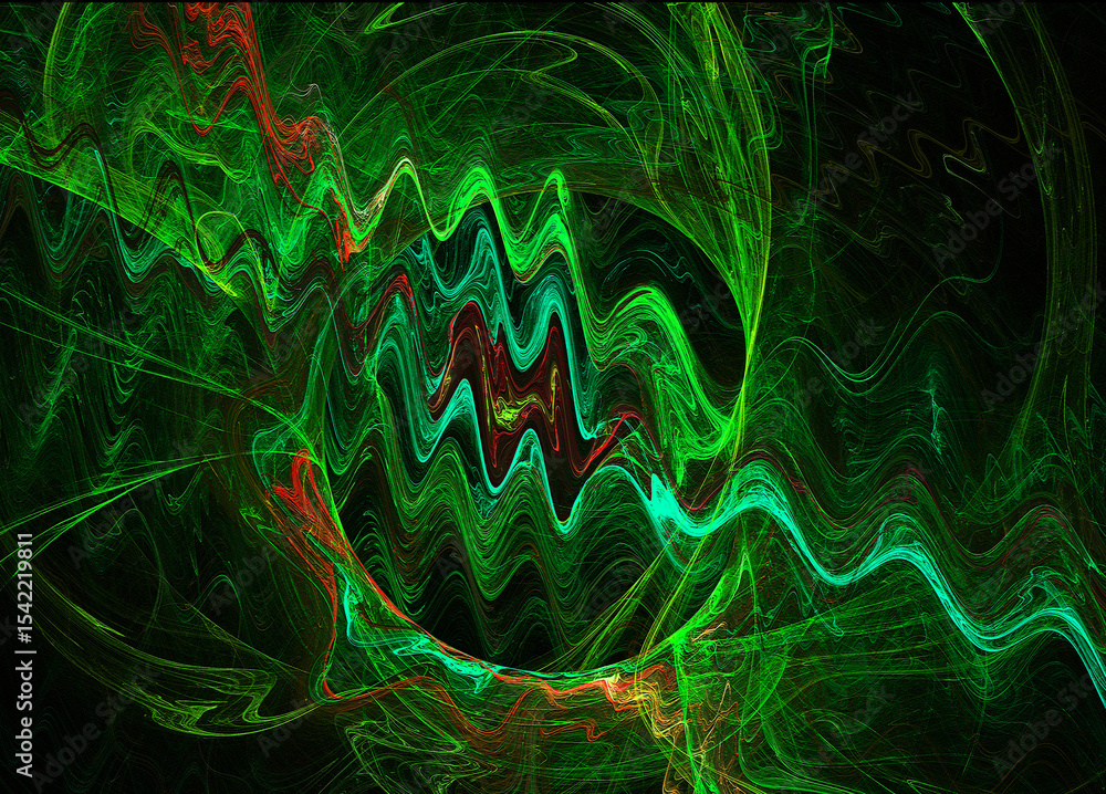 Poster abstract wavy background. green and red waves and swirling lines on a black background. 3d rendering
