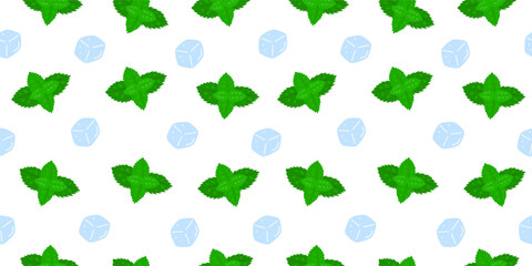 Simple seamless pattern with flat ice cubes and mint leaves. Fresh natural background.
