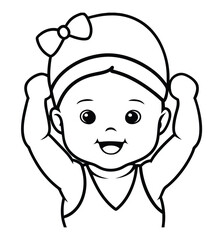 2 Month Baby with Headband Raising Hands Black and White Outline Vector, Baby with Headband Outline Illustration, Cute Infant Raising Hands Drawing, Minimal Smiling Baby with Headband Art