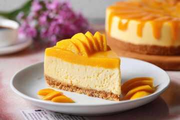Mango Cheesecake with Glossy Mango Glaze and Slices on Minimal White Plate