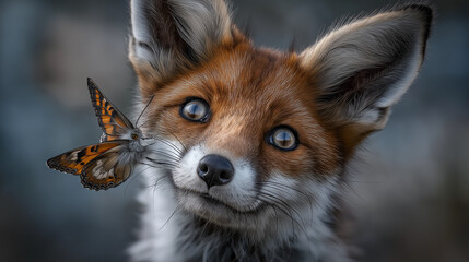 Obraz premium Fox Cub with Butterfly on Its Nose in Nature Setting