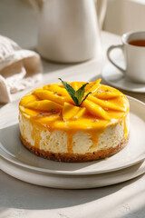 Mango Cheesecake with Glossy Mango Glaze and Slices on Minimal White Plate