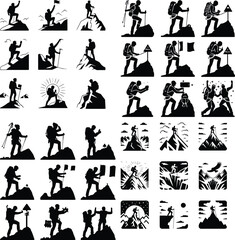 Climber Reaching Mountain Top – Adventure Silhouette Icon Set Mountaineer on Peak Icon Silhouette Set – Victory on the Summit