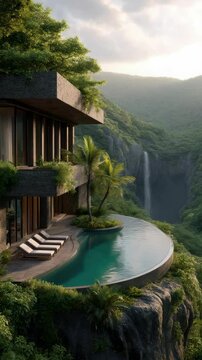 Stunning modern villa with infinity pool overlooking lush landscape and waterfall in a serene location