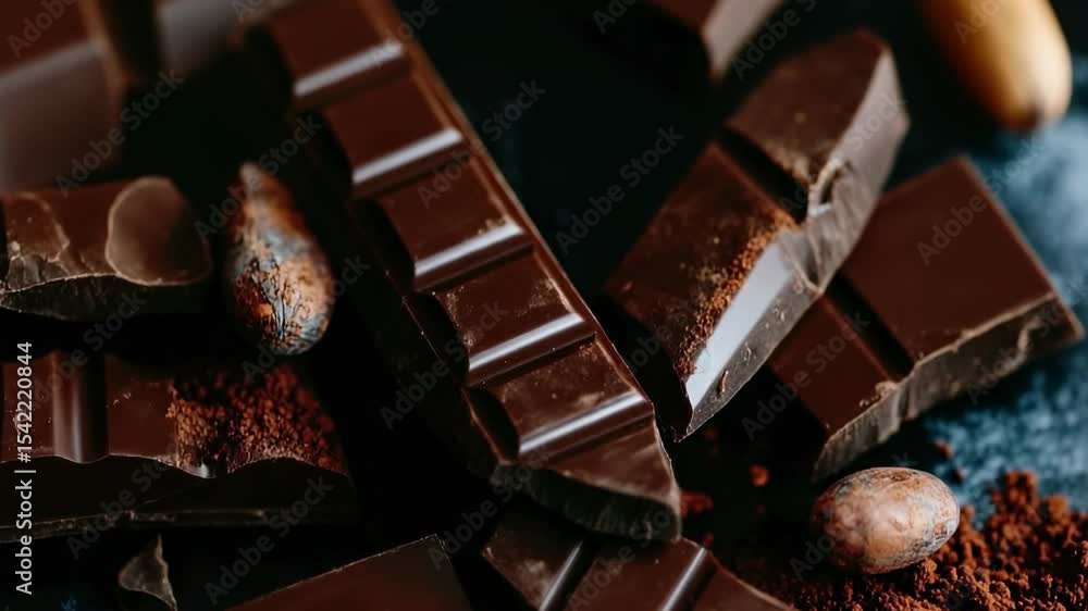 Poster dark chocolate being broken into pieces on a dark surface with cocoa powder and cocoa beans scattere
