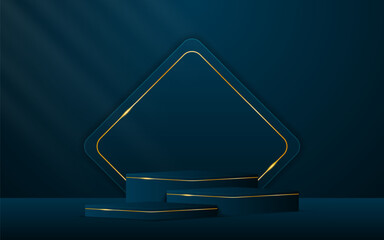 Multi-tiered blue podium with blue squares with elegant gold lines on the back for product presentation. Display of cosmetic products. Stage or podium. vector illustration	