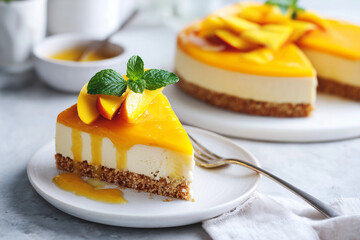 Mango Cheesecake with Glossy Mango Glaze and Slices on Minimal White Plate